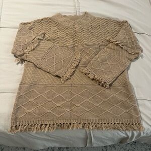 Cozy Casual Tan Knit Sweater with Fringe